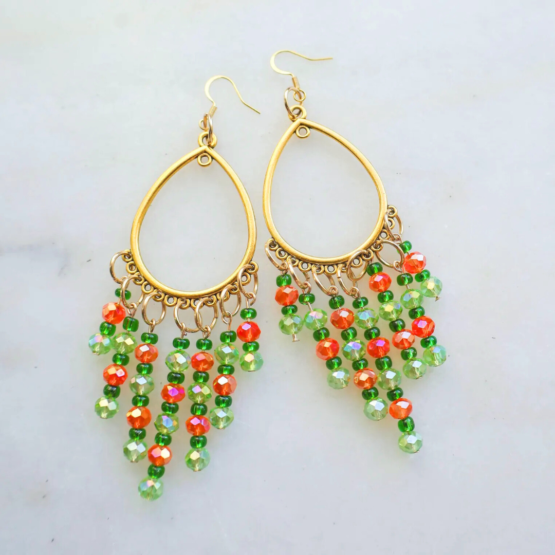 Green and Orange Crystal Chandelier Earrings