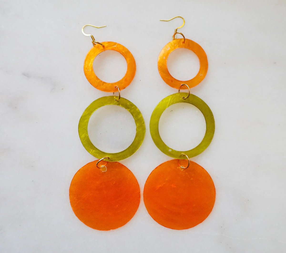 Orange and Green Circle Shell Earrings
