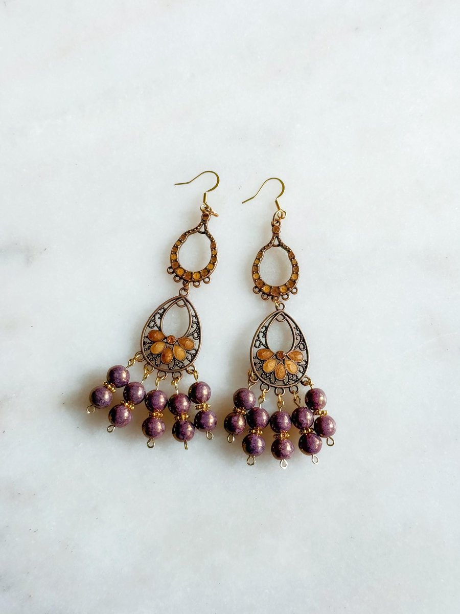 Earthy Purple and Bronze Beaded Chandelier Earrings
