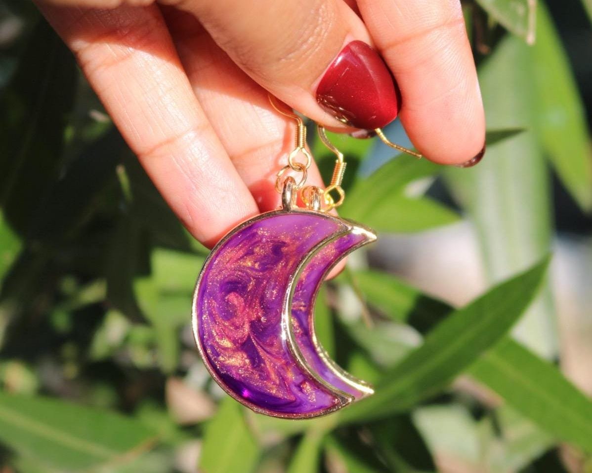 Purple Crescent Moon Earring with Gold Shimmer