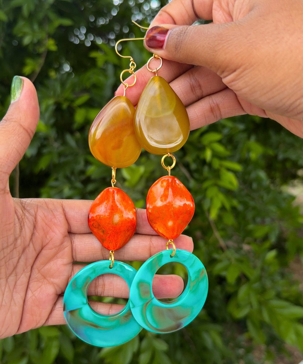 Turquoise, Orange and Yellow Vintage Lucite and Gemstone Statement Earrings