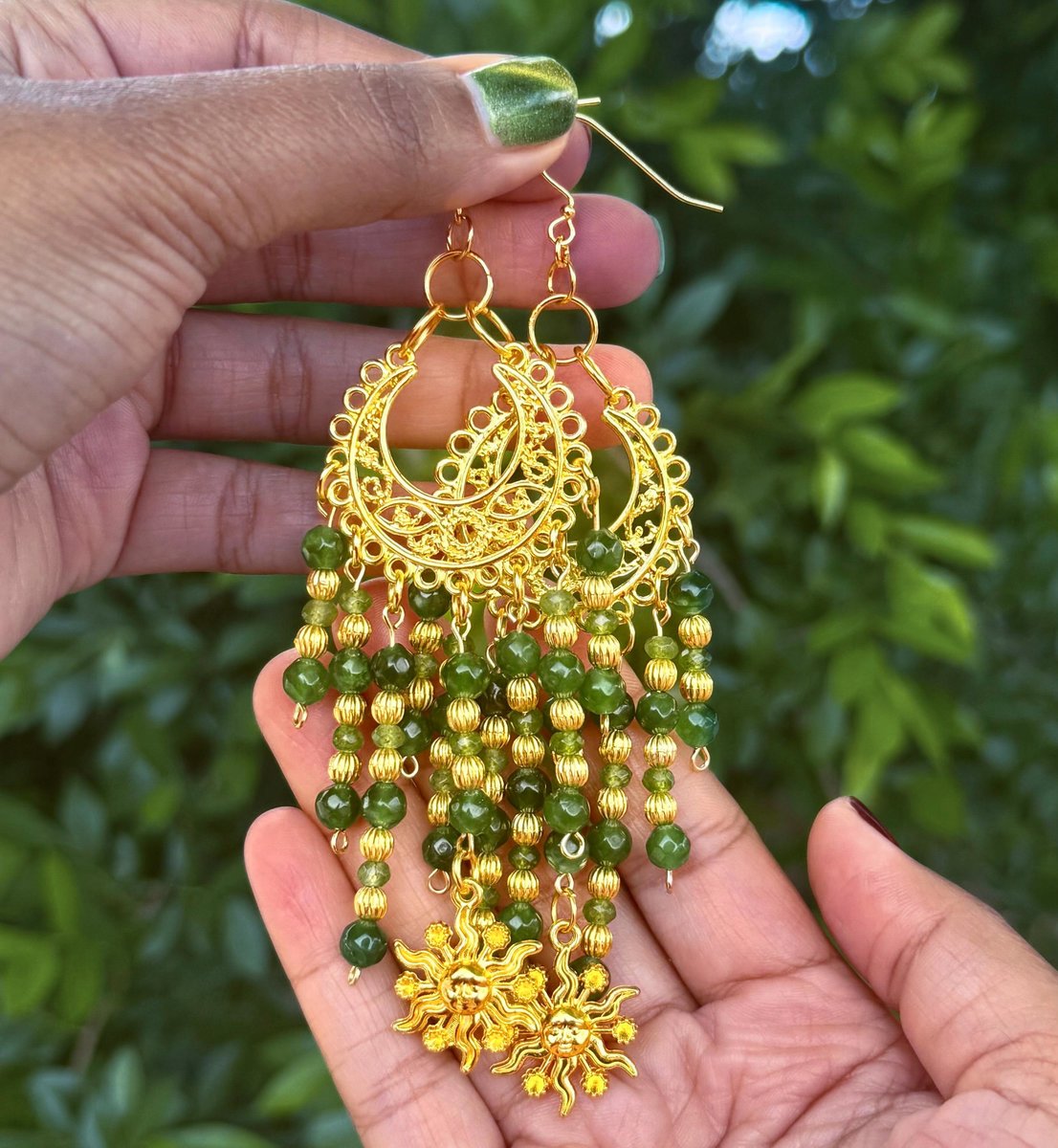 Gold and Green Crystal Beaded Chandelier Earrings with Sun Charm