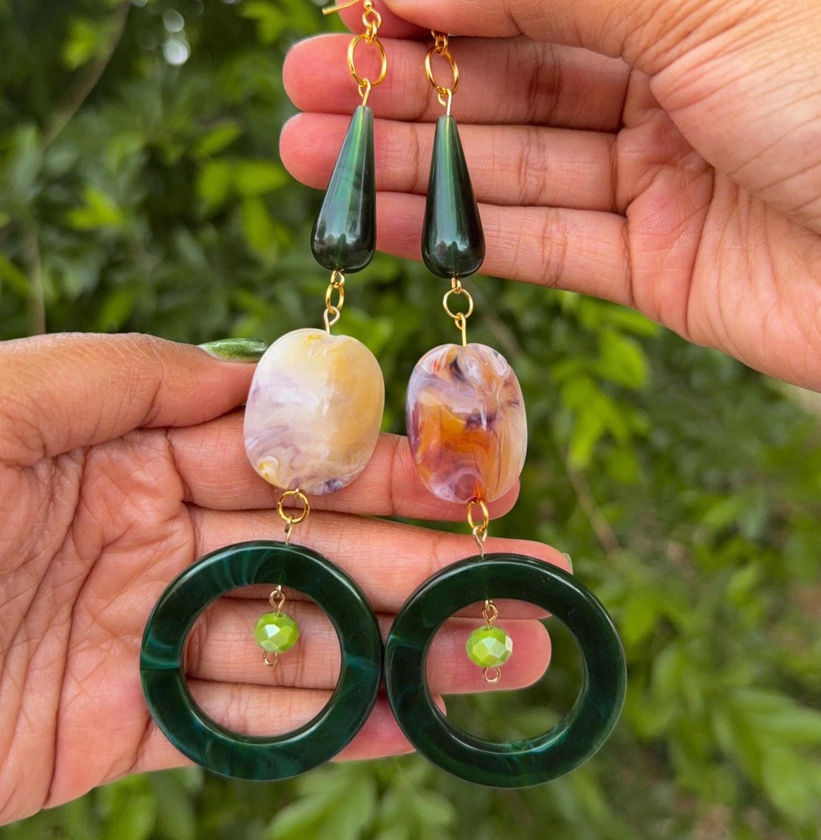 Emerald Green & Cream Marbled Vintage Lucite Statement Earrings