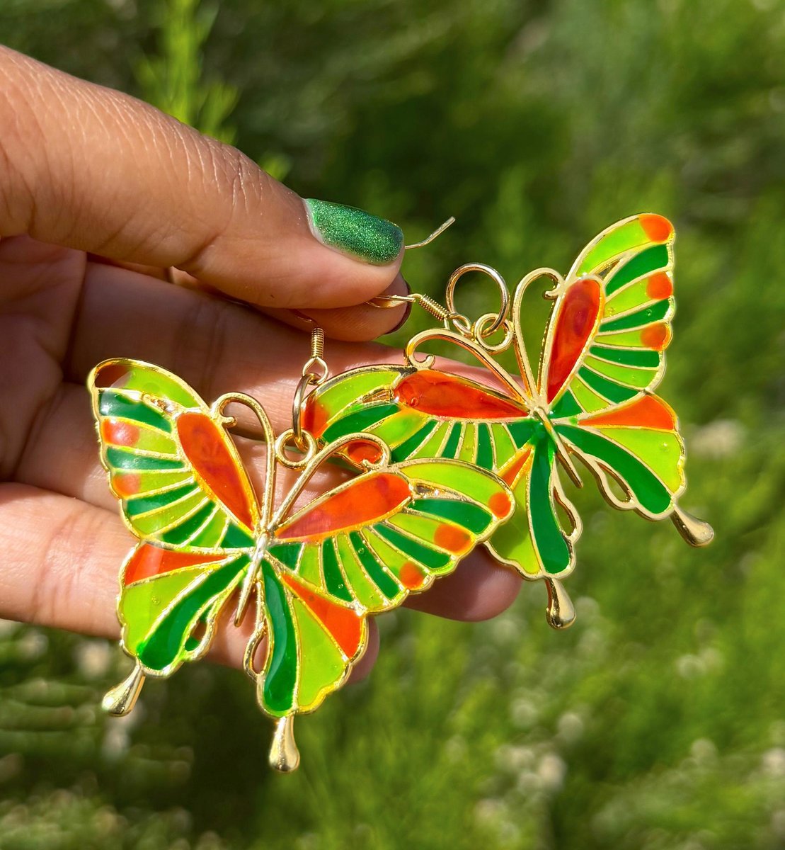 Green and Orange Mosaic Butterfly Statement Earrings