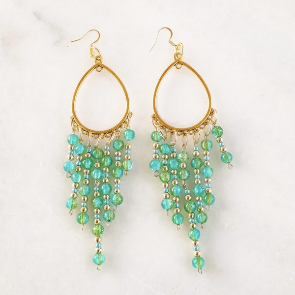 Blue and Green Droplet Chandelier Earrings