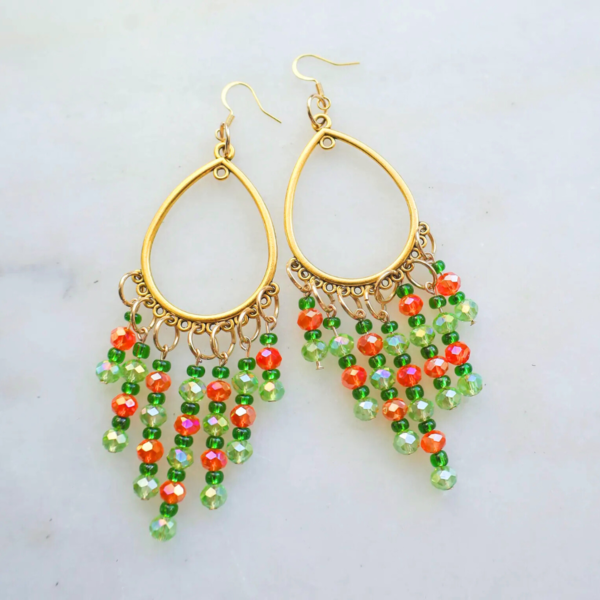 Green and Orange Crystal Chandelier Earrings