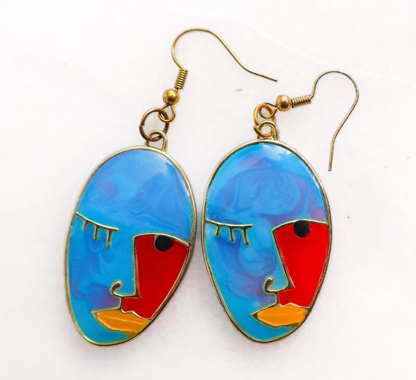 Abstract Art Blue and Red Face Earrings