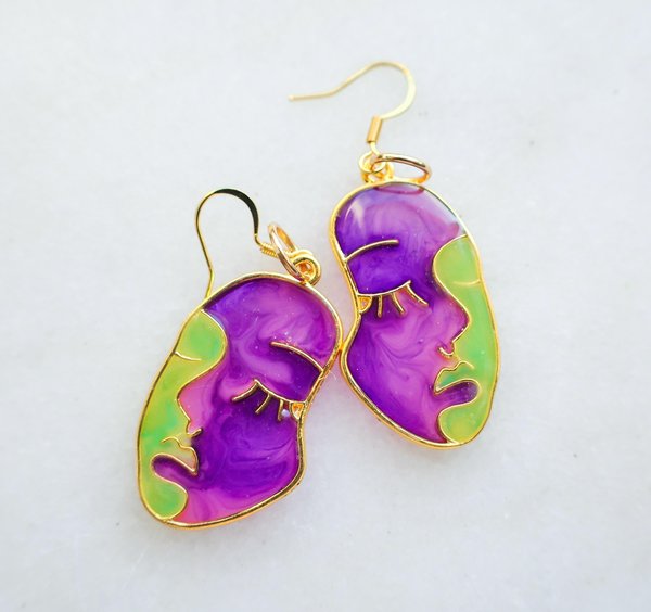 Purple and Green Abstract Face Earrings
