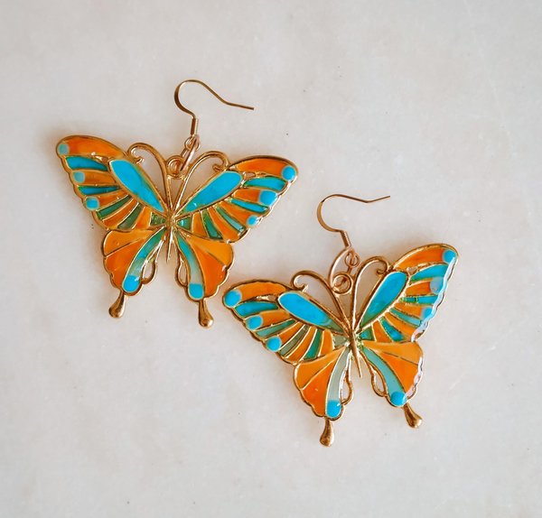 Blue and Orange Mosaic Butterfly Earrings