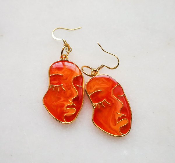 Orange Abstract Face Earrings