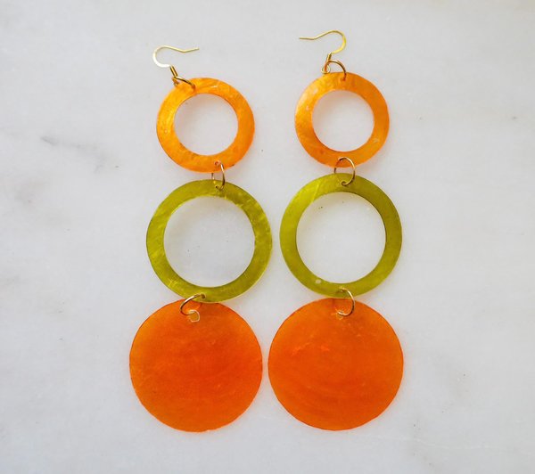 Orange and Green Circle Shell Earrings