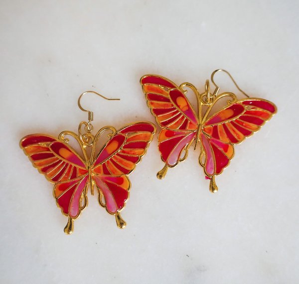 Pink and Orange Mosaic Butterfly Earrings
