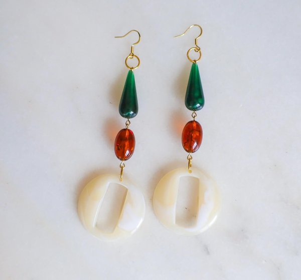Retro Acrylic and Glass Bead Earrings in Green, Brown and Cream