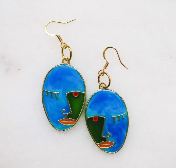 Blue Painted Abstract Face Earrings