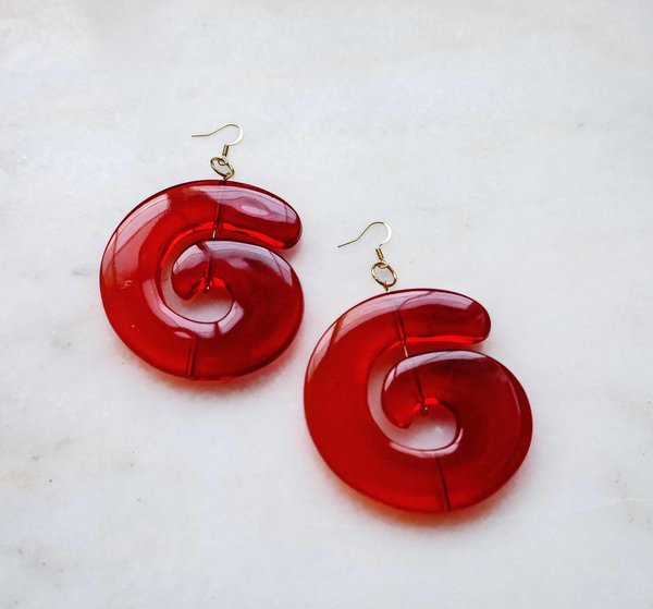 Red and Burnt Orange Spiral Acrylic Statement Earrings