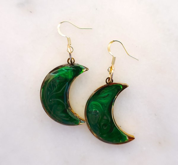 Green Crescent Moon Sparkle Earrings