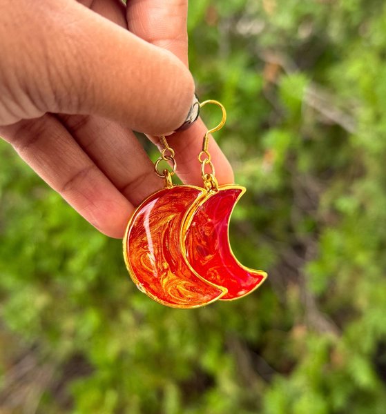 Red and Gold Crescent Moon Earrings