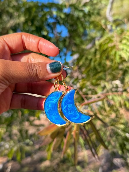 Blue & Gold Marble Crescent Moon Earrings