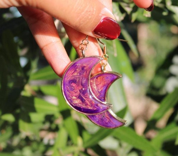Purple Crescent Moon Earring with Gold Shimmer