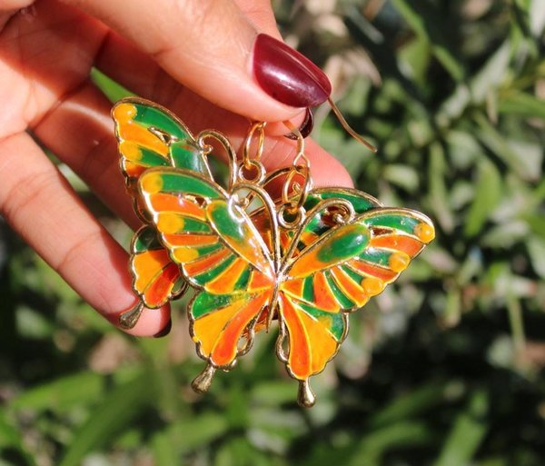 Green and Orange Mosaic Butterfly Earrings
