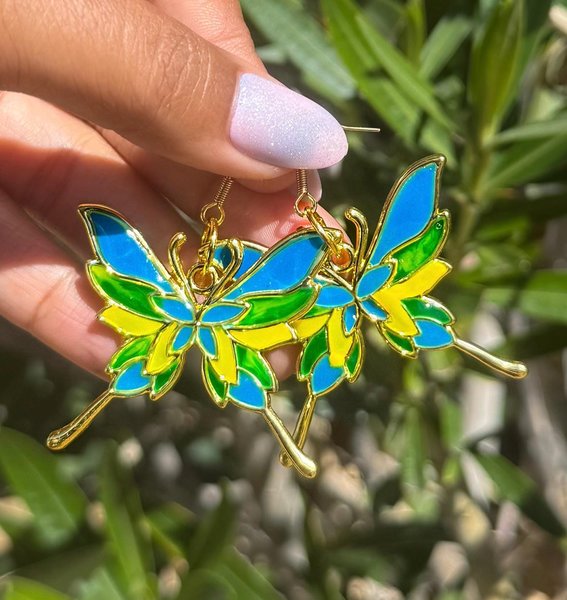 Blue, Yellow and Green Multicolor Butterfly Earrings
