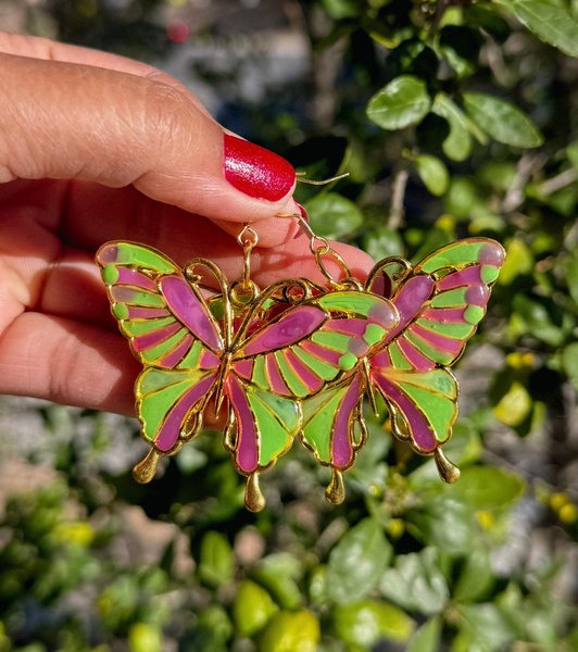 Green and Purple Mosaic Butterfly Earrings