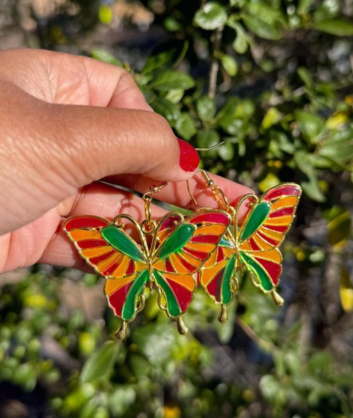 Magenta, Orange and Green Mosaic Butterfly Earrings
