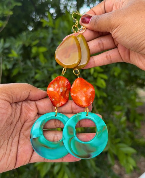 Turquoise, Orange and Yellow Vintage Lucite and Gemstone Statement Earrings