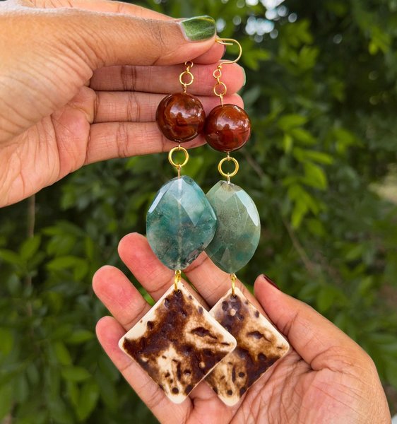 Brown and Blue Gemstone and Vintage Lucite Statement Earrings