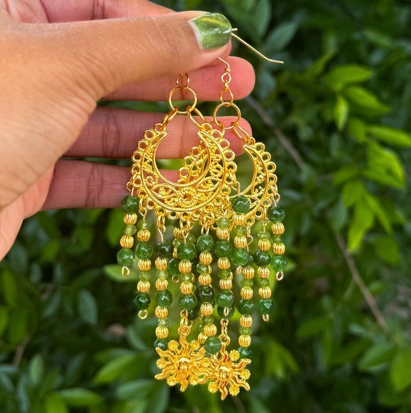 Gold and Green Crystal Beaded Chandelier Earrings with Sun Charm